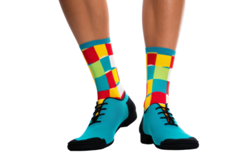 Person Wearing Colorful Socks and Blue Shorts. On a White or Clear Surface PNG Transparent Background..