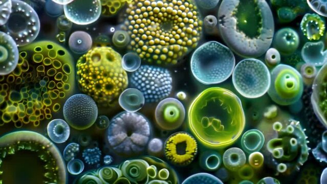 A zoomedout image of a diverse collection of algae cells highlighting their diversity in shape size and structures. . AI generation.