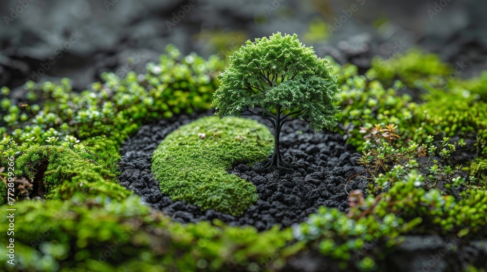 Poster ecosystem element and yin yang symbol symbolizing ecology system and environment conservation