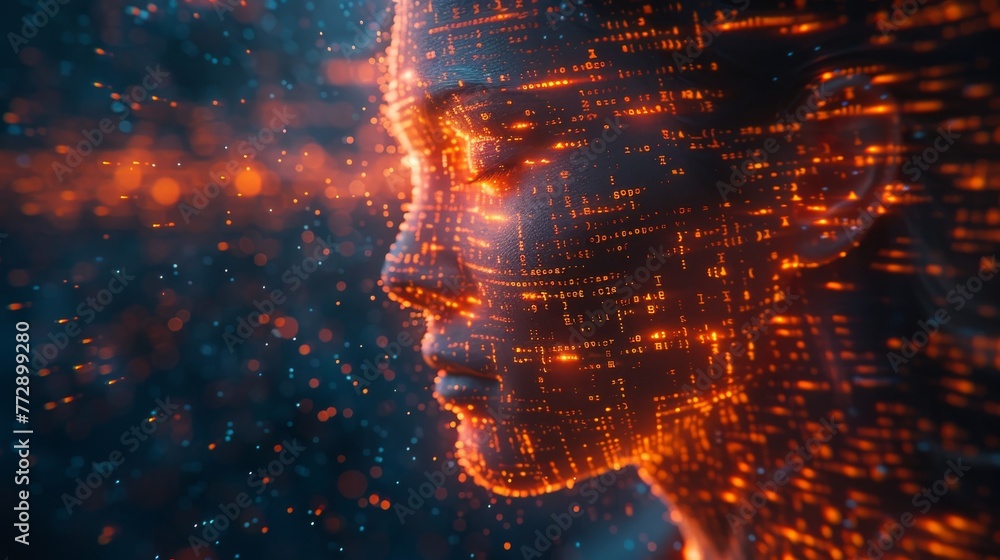 Poster Concept of artificial intelligence or programming technology combining human form with programming script