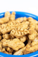 A treat for cats and kittens is a fish-shaped catnip cookie in a blue bowl.