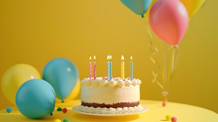 A festive birthday cake with balloons and candles, set against a joyful yellow backdrop.