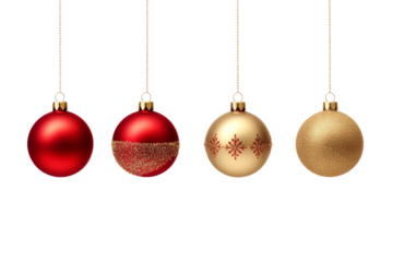 Row of Christmas Ornaments Hanging From a Line. On a White or Clear Surface PNG Transparent Background..