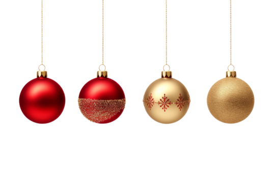 Row of Christmas Ornaments Hanging From a Line. On a White or Clear Surface PNG Transparent Background..