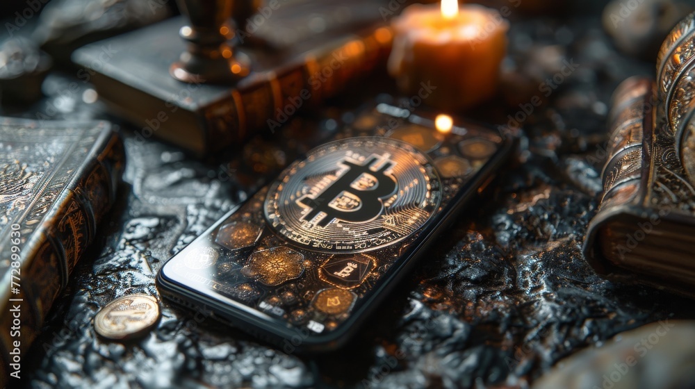 Poster A concept of cryptocurrency technology is illustrated by a graphic of a mobile device with an application for storing bitcoins
