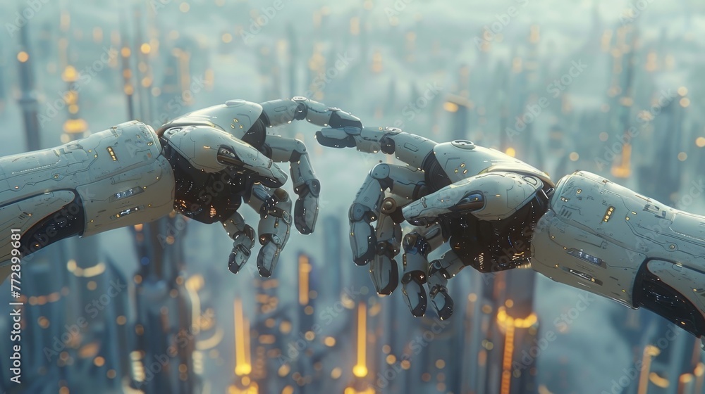 Poster an industrial 4.0 concept with robotic arms and cloud computing and a futuristic city