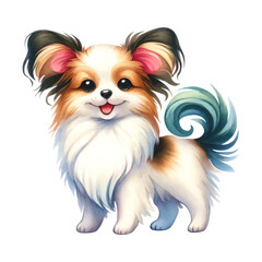 Watercolor cute Papillon. Cute dog breed. Dog days concept.