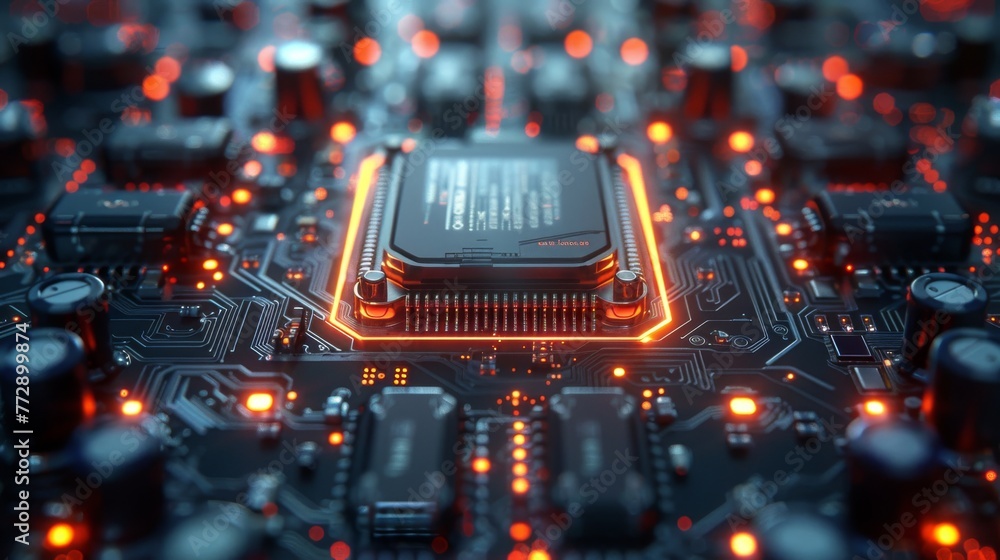 Poster An illustration of a microchip with futuristic technology system depicting cyber security or a data center