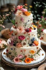 Multi-tiered wedding cake decorated with fresh flowers and berries.