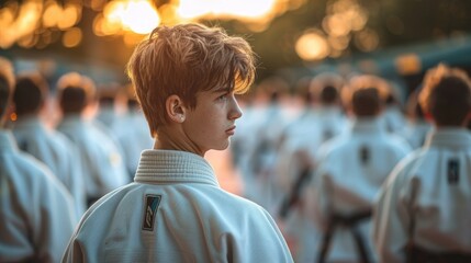Fototapeta premium Male teenager in white gi looking away, with other karate students in the background at dusk.