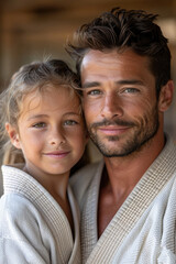 Fototapeta premium Father and daughter in white karate uniforms embracing.
