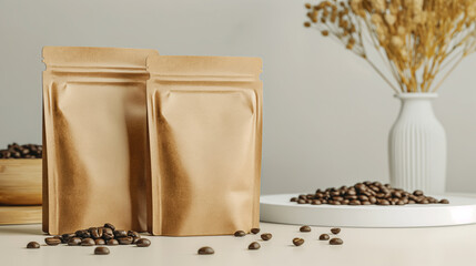 Blank Kraft Coffee Bags Packaging on Neutral Background. Eco-Friendly Coffee Pouches with Beans for Branding