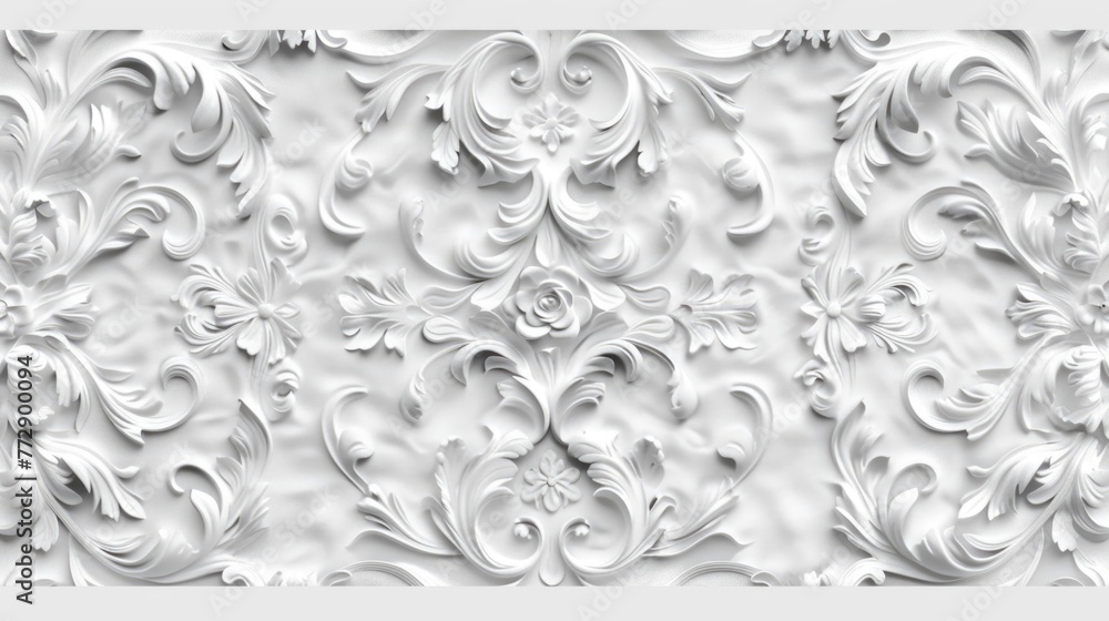 Wall mural White ornamental plasterwork with floral and swirl elements.