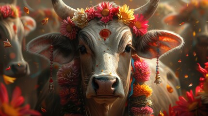 Decorated cow with floral crown and traditional markings.