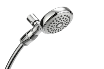 Modern Shower Head With Attached Hose. On a White or Clear Surface PNG Transparent Background..