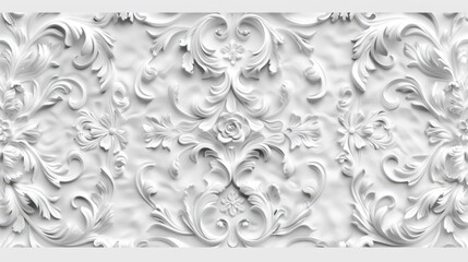 White ornamental plasterwork with floral and swirl elements.