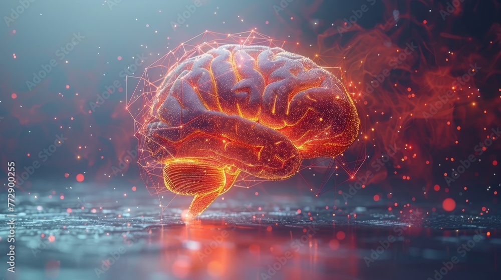 Poster an illustration of a low polygon brain with futuristic elements