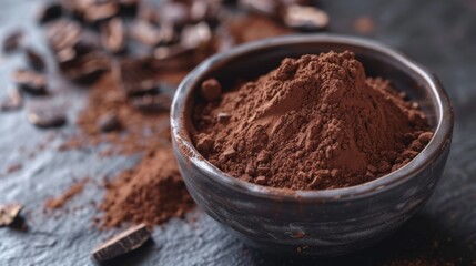 Cocoa powder in rustic bowl on dark blue textured background. Culinary ingredients photography.