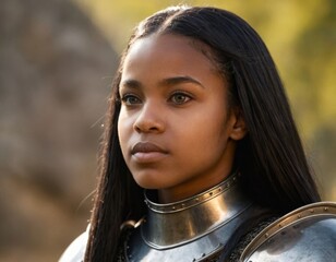 Image of a long-haired African-American girl in knightly robes. Generation of AI.