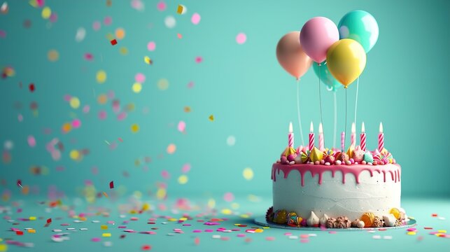A festive cake adorned with balloons and candles, ready for a birthday bash, against a cheerful turquoise background.