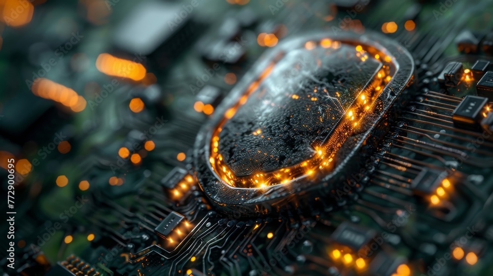 Poster The concept of cyber security technology, presented in the form of a futuristic shield that protects the computer from viruses