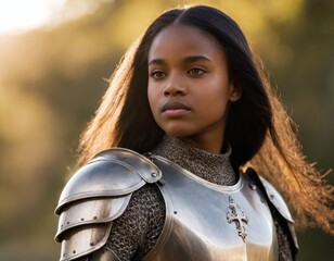 Image of a long-haired African-American girl in knightly robes. Generation of AI.