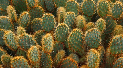 Cluster of prickly pear cacti with green pads and yellow spines.