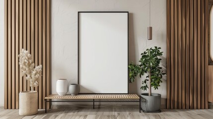 Modern interior mockup with empty frame on bench, pampas grass in vase