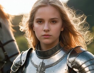 An image of a long-haired blonde girl in knightly robes. Generation of AI.
