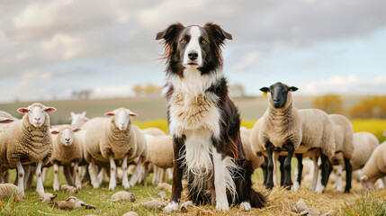 dog shepherd border collie stands against the backdrop of a herd of sheep in nature