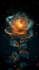 Golden glowing rose flower with transparent petals. Beautiful magical flower on a dark background...