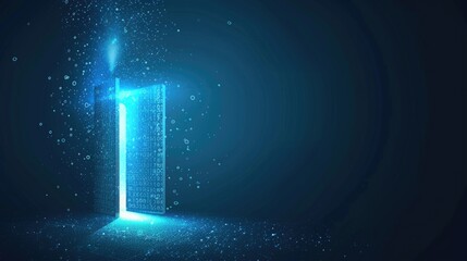 Digital key symbol opening door to universe on starry background.