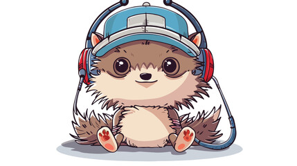 Cute cartoon Hedgehog with headphones and cap Flat vector