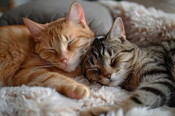 Naklejka premium Two Cats Laying Next to Each Other on a Bed