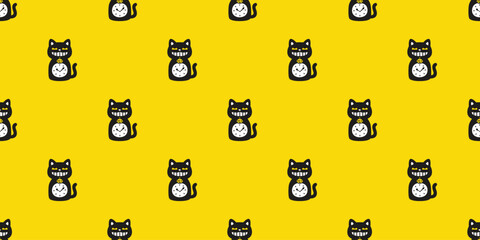 cat seamless pattern clock vector black kitten smile calico munchkin neko pet cartoon doodle gift wrapping paper tile background repeat wallpaper illustration isolated design