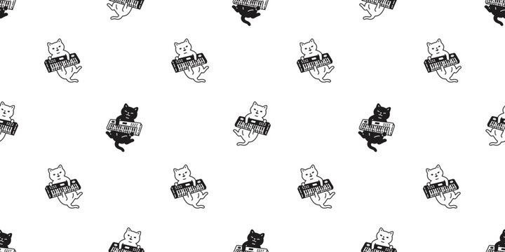 cat seamless pattern keyboard music turntable kitten neko footprint calico munchkin pet vector cartoon doodle gift wrapping paper tile background repeat wallpaper illustration isolated design
