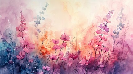 Watercolor illustration of pink flowers on watercolor background. Spring blossom - obrazy, fototapety, plakaty