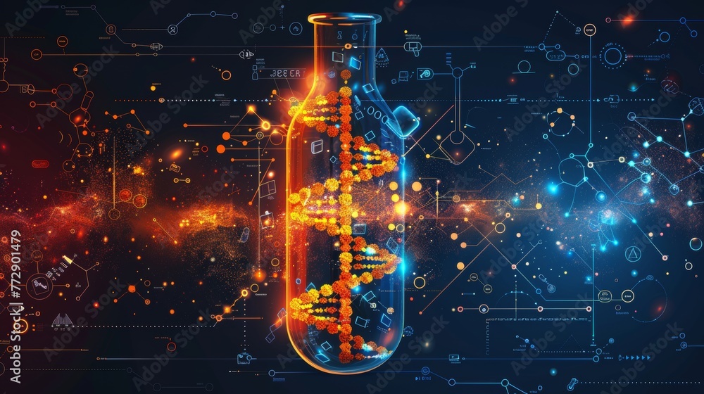 Poster a graphic of a dna shape inside a test tube with elements and chemistry icons depicts the concept of