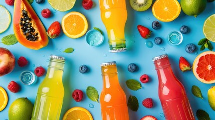 Assorted fruit juices in colorful bottles surrounded by fresh fruits.