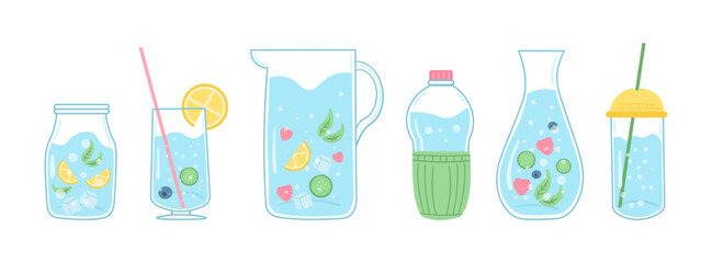 Quote drink more water print, drinking with glass bottle and glass. Doodle hand drawn cute trendy vector illustration. Various flask on white background. Mineral and natural water in clear bottles