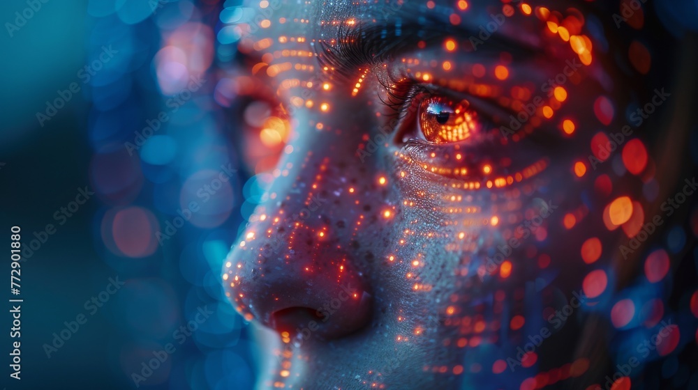 Poster face recognition technology concept, with a fingerprint graphic combined with a man's face and futur