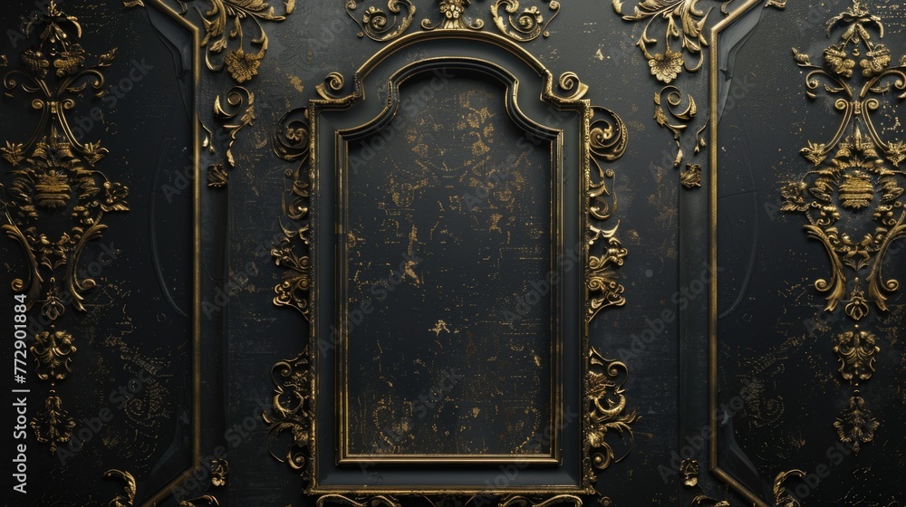 Sticker ornate golden baroque pattern on dark background.