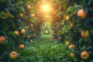 Sunlight Streaming Through Apple Orchard Trees - obrazy, fototapety, plakaty