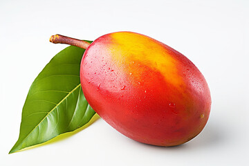A surreal portrayal of a mango on a white background adorned with symbolic elements and vibrant colors. Ai generated