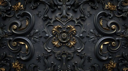 Ornate golden baroque pattern on dark background. - obrazy, fototapety, plakaty