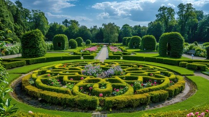 Ornate formal garden with symmetrical topiary and flowerbeds.