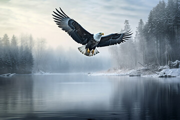 A tranquil winter scene with a majestic bald eagle soaring above a frozen lake capturing the serene beauty. Ai generated