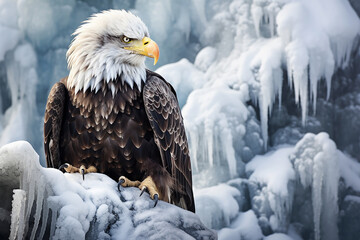 A tranquil winter scene with a majestic bald eagle soaring above a frozen lake capturing the serene beauty. Ai generated
