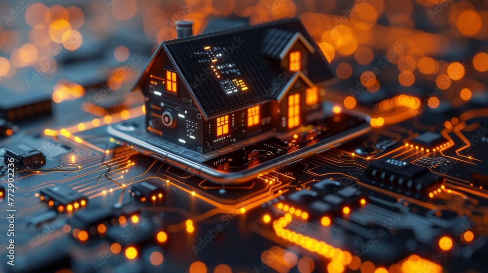 Poster A mobile phone with an app for home automation is used as an example of smart home technology.