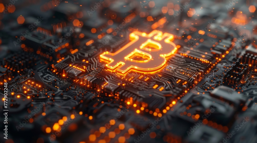 Poster Graph of Bitcoin with futuristic element representing cryptocurrency technology.